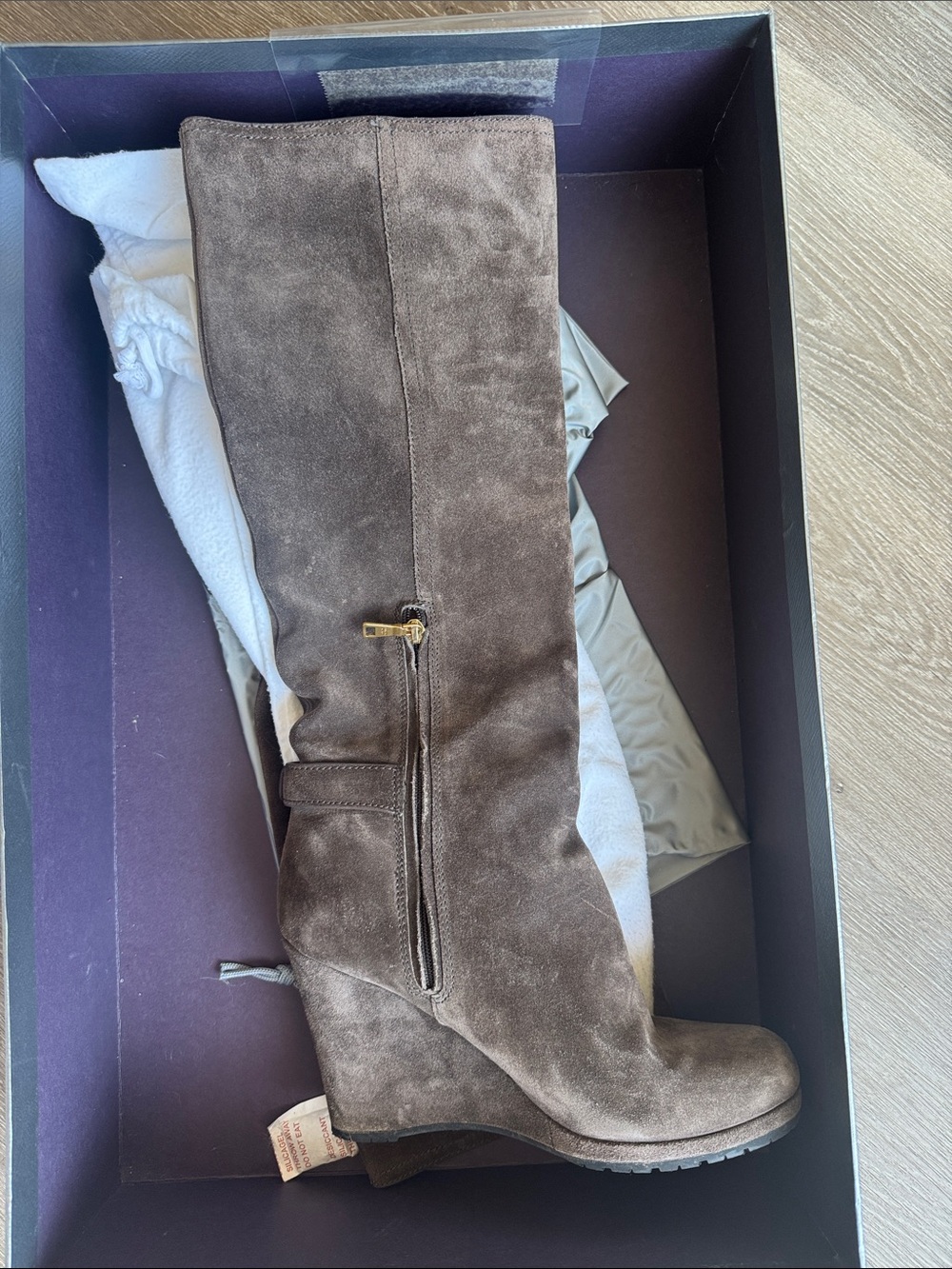 Prada Brown Suede Knee-High Wedge Boots